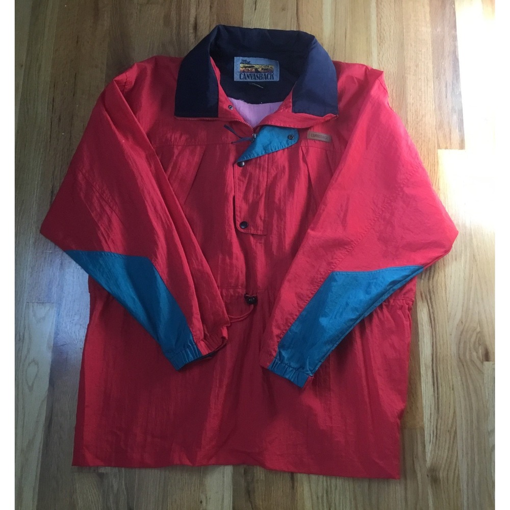 Vtg 90's Canvasback Windbreaker Jacket Red Navy Nylon Pullover XL USA Y2k Retro